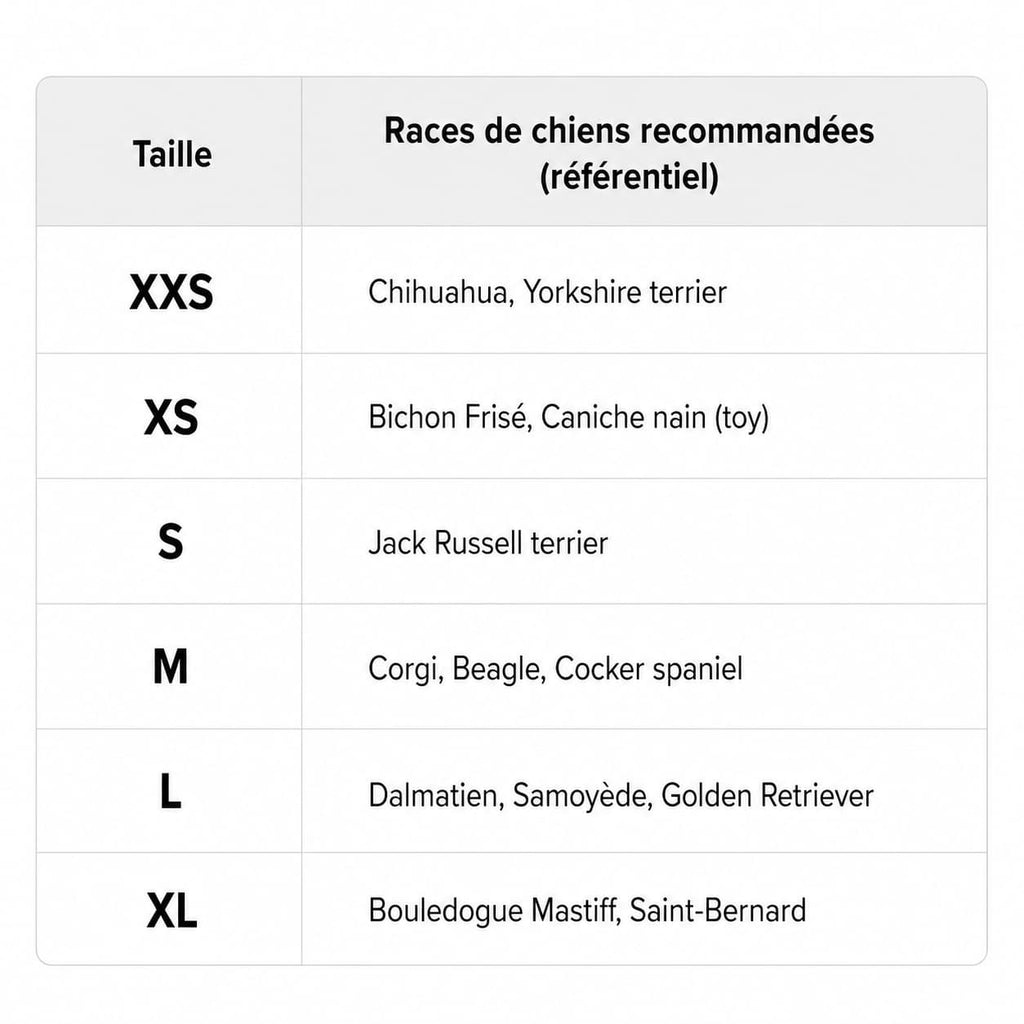 Correspondance des tailles Ballerina selon les races de chiens à titre indicatif