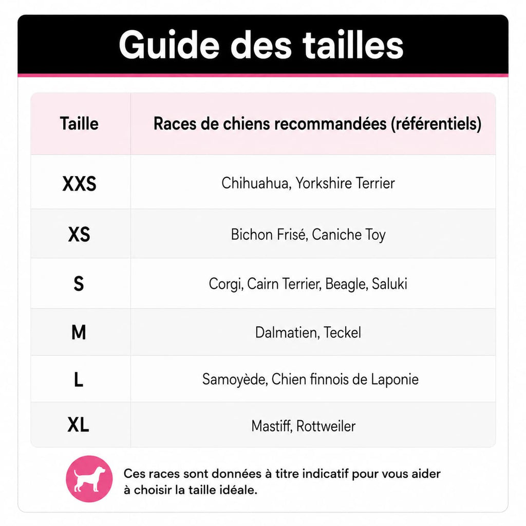 Correspondance des tailles Ballerina selon les races de chiens à titre indicatif