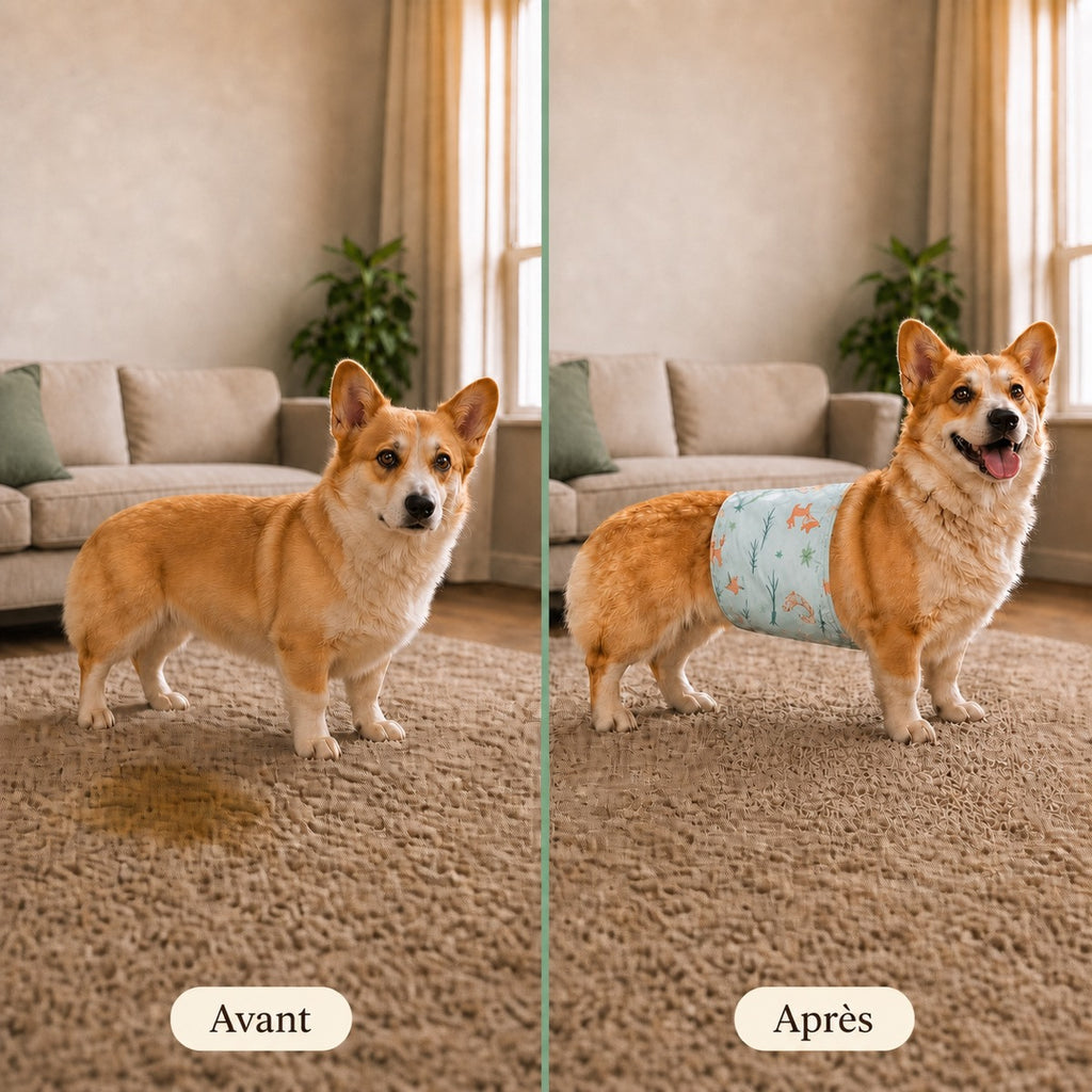 Avant et après avec un bandeau lavable anti-fuite pour chien mâle