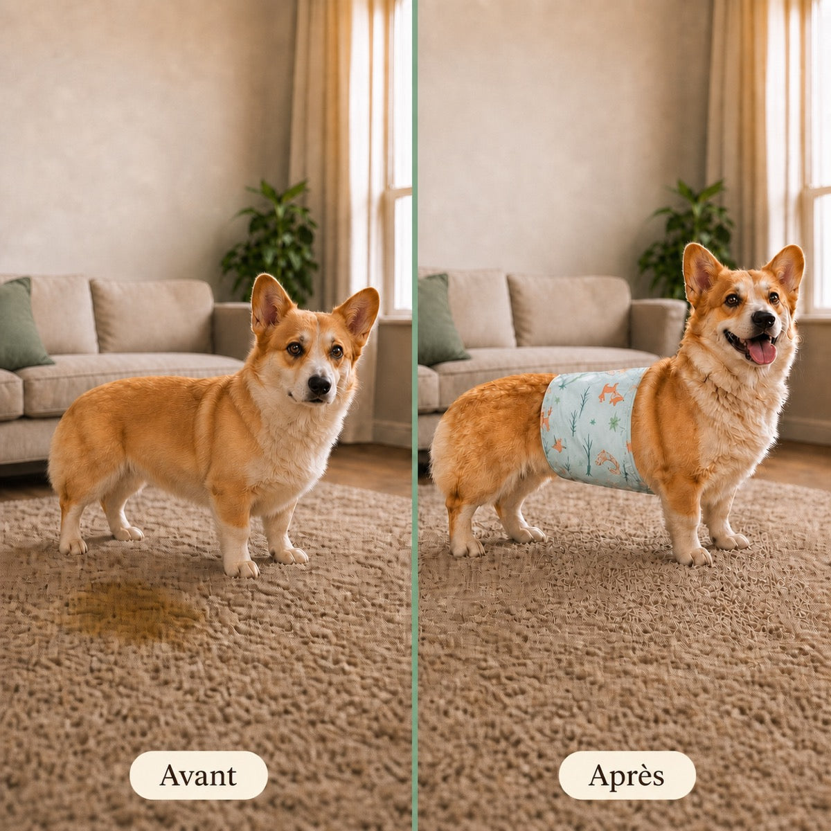 Avant et après avec un bandeau lavable anti-fuite pour chien mâle