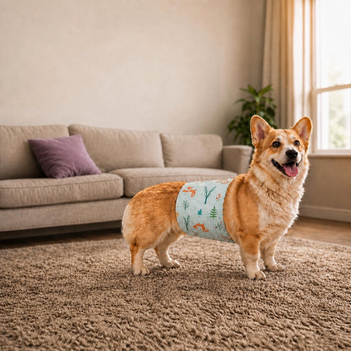 Bandeau lavable anti-fuite pour chien mâle dans un salon