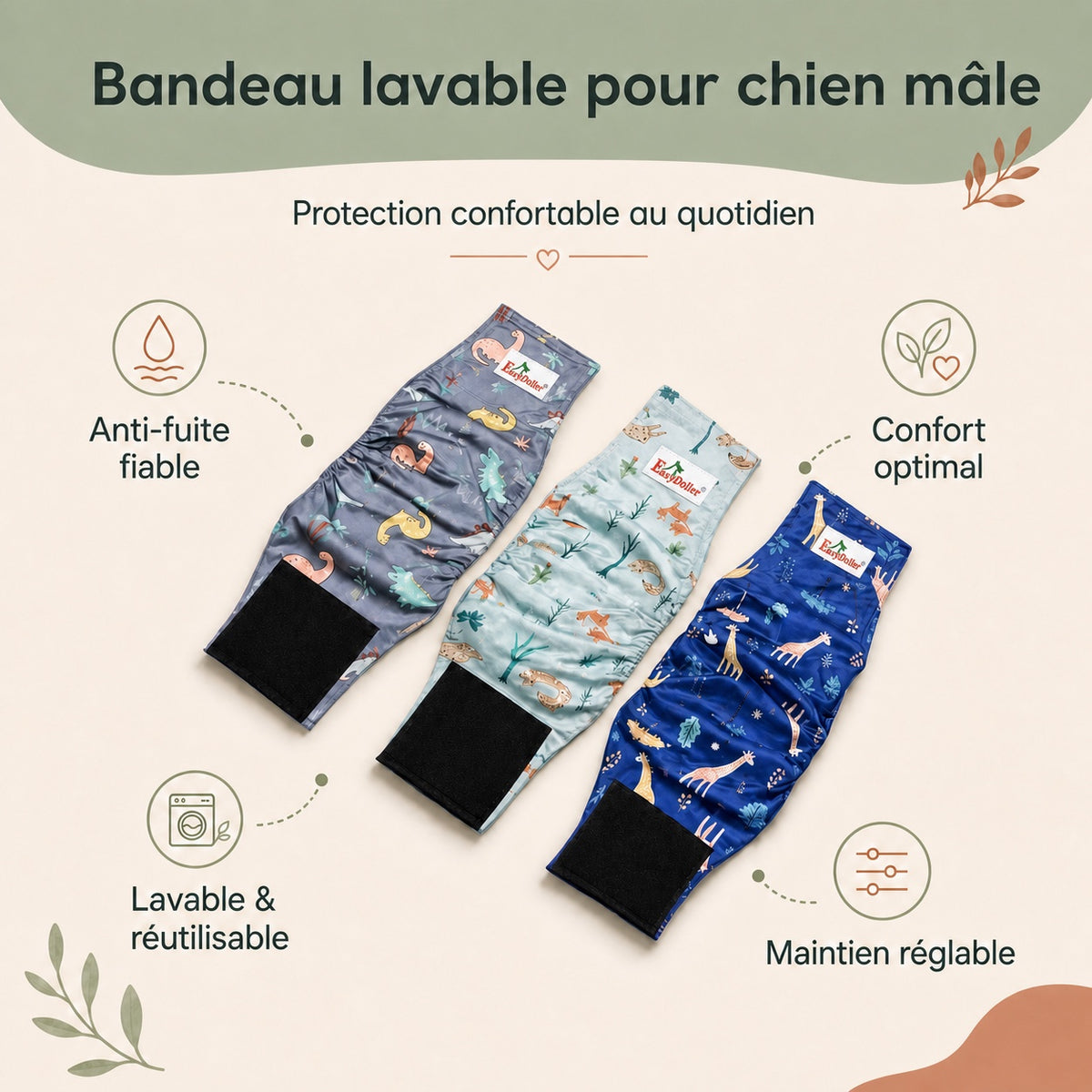 Lot de trois bandeaux lavables anti-fuite pour chien mâle, motifs EasyDoller