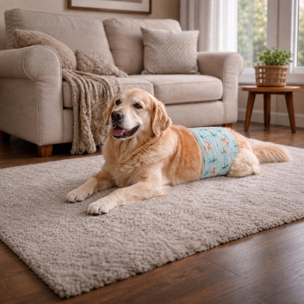 Chien mâle allongé à la maison portant un bandeau lavable anti-fuite