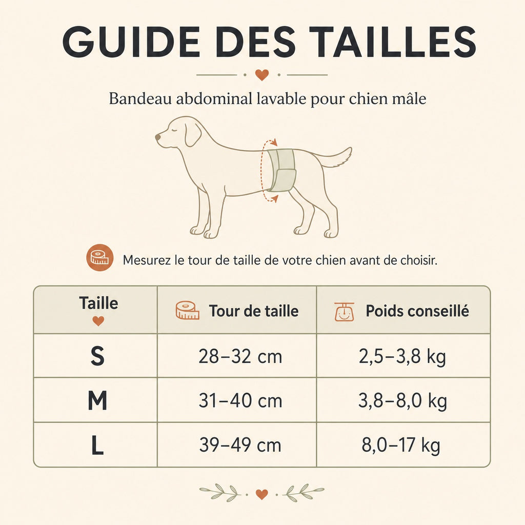 Guide des tailles du bandeau lavable anti-fuite pour chien mâle : S, M et L
