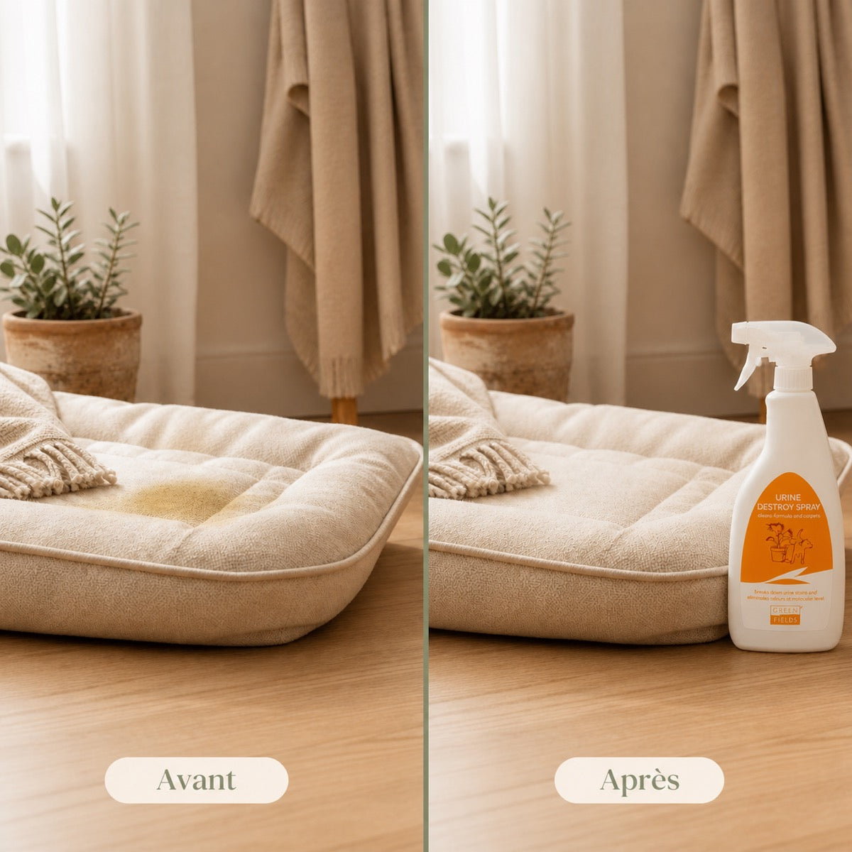 Avant et après du nettoyage d’un couchage avec spray anti-odeur urine chien Greenfields