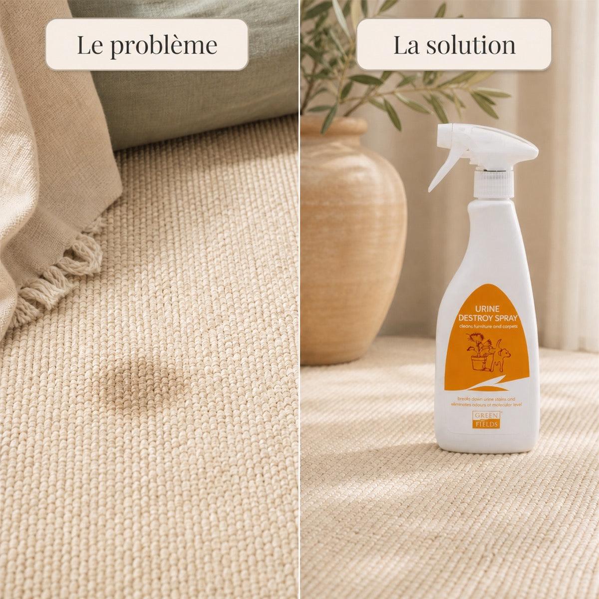 Problème et solution : spray anti-odeur urine chien Greenfields sur tapis