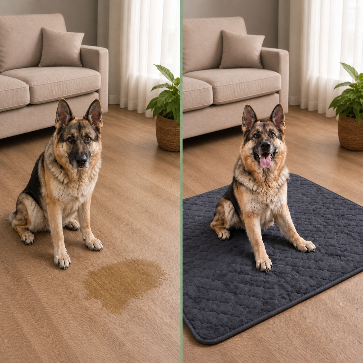 Avant et après avec un tapis absorbant lavable pour chien senior